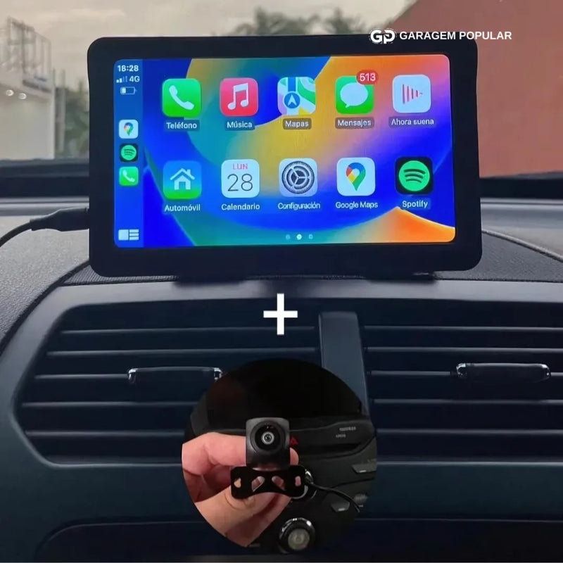 Tela Multimídia com CarPlay MaxTela Pro 7" + 🎁 Câmera de Ré - Garagem Popular