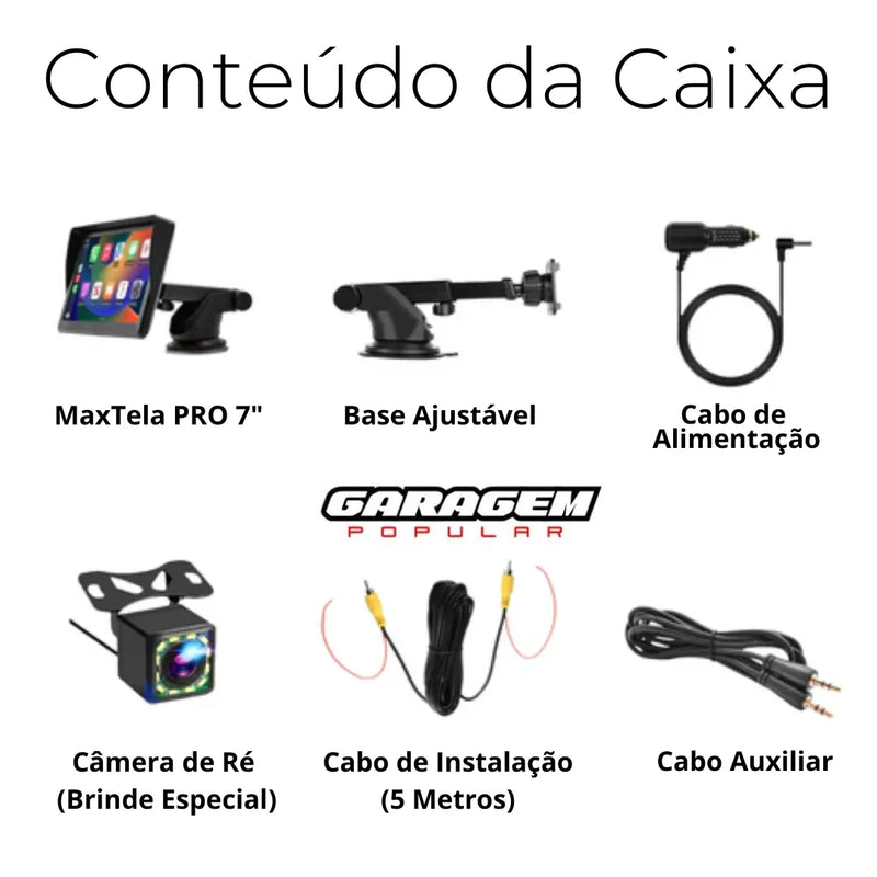 Tela Multimídia com CarPlay MaxTela Pro 7" + 🎁 Câmera de Ré - Garagem Popular