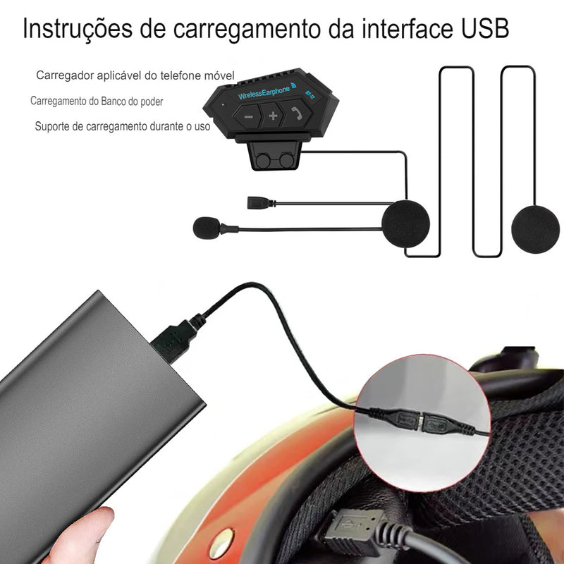 Kebidumei-BT12 Capacete de Motocicleta Bluetooth 5.0, Fone de Ouvido sem Fio com Chamadas Hands-Free e Áudio Estéreo