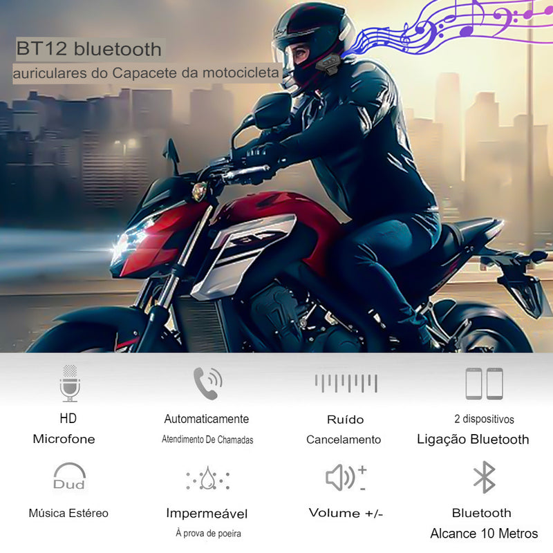 Kebidumei-BT12 Capacete de Motocicleta Bluetooth 5.0, Fone de Ouvido sem Fio com Chamadas Hands-Free e Áudio Estéreo