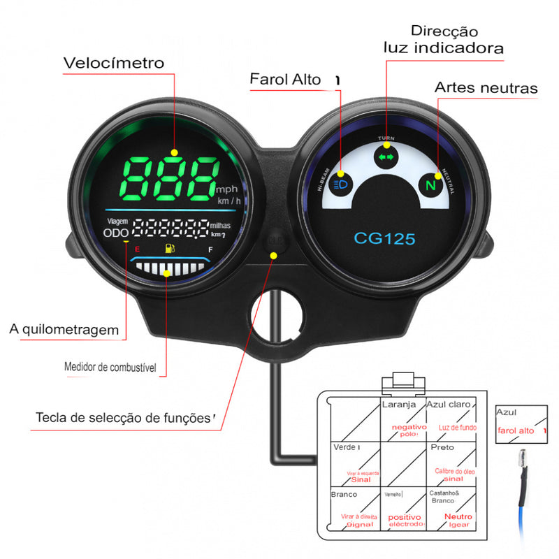 Velocímetro Digital Display, Painel para CG125, Ano 2000 a 2008, Fan 125 e Titan 125, MPH, KMH